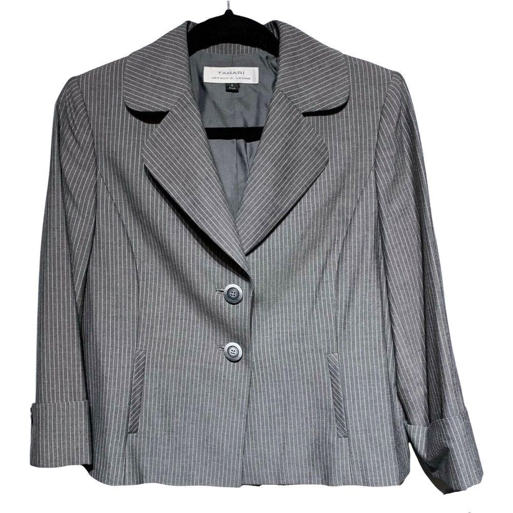 Tahari Arthur S. Levine Womens Blazer Jacket Button Gray White Pinstriped 8 New